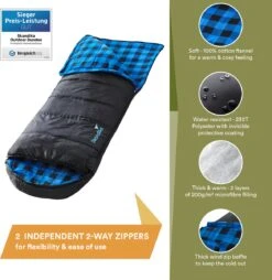Skandika Dundee Flannel-L Slaapzak – Mummmieslaapzakken – Slaapzakken Volwassen - Maat M – Unisex - Katoen, Luxe Kwaliteit, Dubbele Slaapzak, 3 Seizoenen, Tot -20°C - 220 X 80 Cm - Outdoor Kampeerslaapzak – Ritssluiting Links - Zwart/blauw -Outdoor Camping Winkel 1168x1200 3