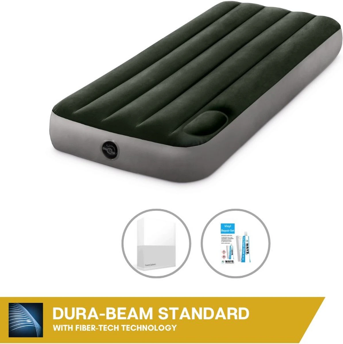Intex Luchtbed - 1-Persoons - 76 X 191 X 25 Cm - Groen - Met Ingebouwde Voetpomp + Hoeslaken Wit + Reparatieset 3 Intex Luchtbed - 1-Persoons - 76 X 191 X 25 Cm - Groen - Met Ingebouwde Voetpomp + Hoeslaken Wit + Reparatieset