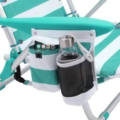 Strandstoel Met Afneembare Hoofdsteun, Draagbare Klapstoel, Campingstoel, Rugleuning Tot 180° Verstelbaar, Met Bekerhouder En Zijvak, Groene En Witte Strepen GCB62JW -Outdoor Camping Winkel 1199x1200