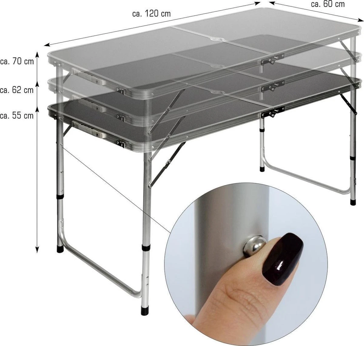 Aluminium Kampeertafel 120x60cm - Campingtafel Inklapbaar - 3-voudig Verstelbare Vouwtafel Antraciet 4 Aluminium Kampeertafel 120x60cm - Campingtafel Inklapbaar - 3-voudig Verstelbare Vouwtafel Antraciet - Afbeelding 2