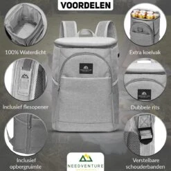 Needventure Koeltas - Lunchtas - Koelrugtas - Picknicktas - 20 Liter - Flessenhouder - Bieropener - Grijs -Outdoor Camping Winkel 1200x1200 343