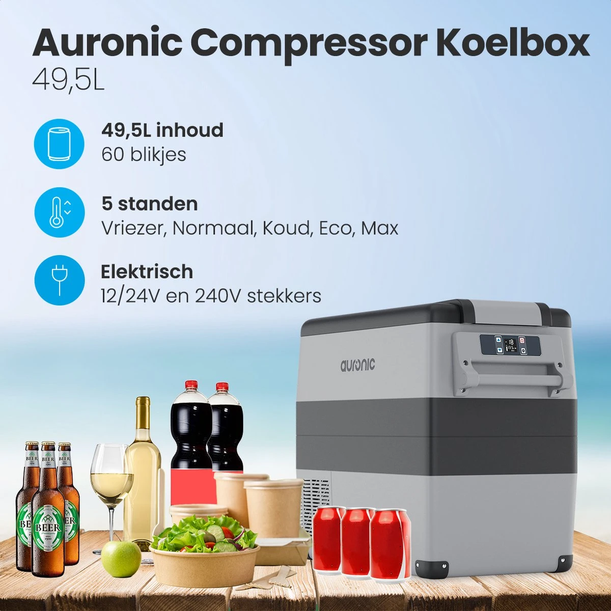 Auronic Elektrische Koelbox - 49.5L - Compressor - 12V En 240V - Grijs 4 Auronic Elektrische Koelbox - 49.5L - Compressor - 12V En 240V - Grijs - Afbeelding 2