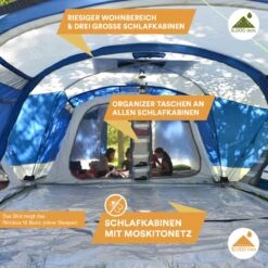 Skandika Nimbus Sleeper 12 Tent – Koepeltenten – 12 Persoons Familietent - Campingtent – Muggengaas – Sleeper Technology (3 Extra Donkere Slaapcabines) – 760 X 630 X 215 Cm (LxBxH) – 5000 Mm Waterkolom – Camping, Tuin – Kamperen – Blauw/wit -Outdoor Camping Winkel 1200x1200 565