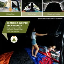 Skandika Montana 8 Sleeper Tent – Tunneltent – 8 Persoons Familietent - Campingtent – Sleeper Technology (2 Tot 4 Extra Donkere Slaapcabines) – Ingenaaide Tentvloer - Muggengaas – 700 X 310 X 200 Cm (LxBxH) – 5000mm Waterkolom – Kamperen – Blauw/wit -Outdoor Camping Winkel 1200x1200 674