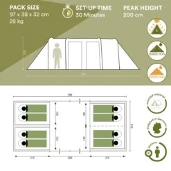 Skandika Montana 8 Sleeper Tent – Tunneltent – 8 Persoons Familietent - Campingtent – Sleeper Technology (2 Tot 4 Extra Donkere Slaapcabines) – Ingenaaide Tentvloer - Muggengaas – 700 X 310 X 200 Cm (LxBxH) – 5000mm Waterkolom – Kamperen – Blauw/wit -Outdoor Camping Winkel 1200x1200 675