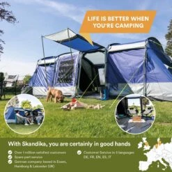 Skandika Montana 8 Sleeper Tent – Tunneltent – 8 Persoons Familietent - Campingtent – Sleeper Technology (2 Tot 4 Extra Donkere Slaapcabines) – Ingenaaide Tentvloer - Muggengaas – 700 X 310 X 200 Cm (LxBxH) – 5000mm Waterkolom – Kamperen – Blauw/wit -Outdoor Camping Winkel 1200x1200 677
