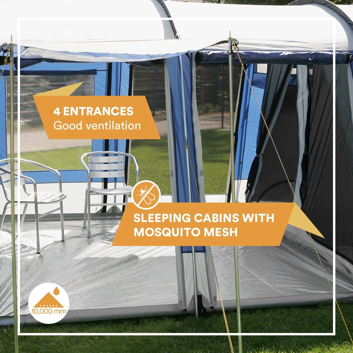 Skandika Montana 8 Tent – Tunneltenten – 8 Persoons Tent – Campingtent – 200 Cm Stahoogte – 2-4 Slaapcabines - Muggengaas – Familietent – 4 Ingangen – 700 X 310 X 200 Cm (L X B X H) - 5000 Mm Waterkolom – Outdoor, Camping – Kamperen – Blauw 5 Skandika Montana 8 Tent – Tunneltenten – 8 Persoons Tent – Campingtent – 200 Cm Stahoogte – 2-4 Slaapcabines - Muggengaas – Familietent – 4 Ingangen – 700 X 310 X 200 Cm (L X B X H) - 5000 Mm Waterkolom – Outdoor, Camping – Kamperen – Blauw - Afbeelding 3