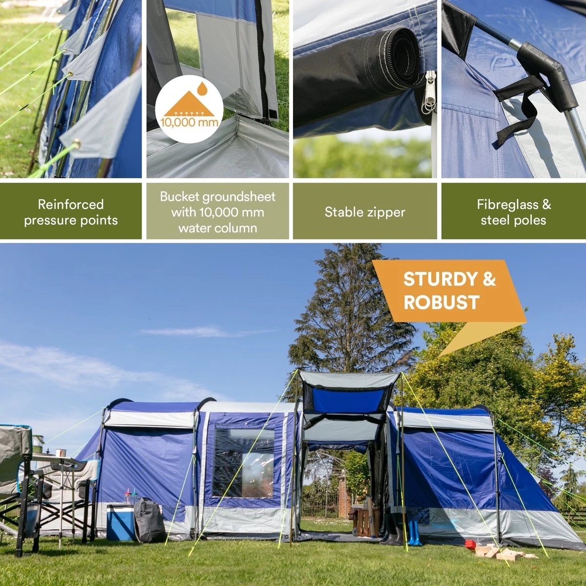 Skandika Montana 8 Tent – Tunneltenten – 8 Persoons Tent – Campingtent – 200 Cm Stahoogte – 2-4 Slaapcabines - Muggengaas – Familietent – 4 Ingangen – 700 X 310 X 200 Cm (L X B X H) - 5000 Mm Waterkolom – Outdoor, Camping – Kamperen – Blauw 8 Skandika Montana 8 Tent – Tunneltenten – 8 Persoons Tent – Campingtent – 200 Cm Stahoogte – 2-4 Slaapcabines - Muggengaas – Familietent – 4 Ingangen – 700 X 310 X 200 Cm (L X B X H) - 5000 Mm Waterkolom – Outdoor, Camping – Kamperen – Blauw - Afbeelding 6